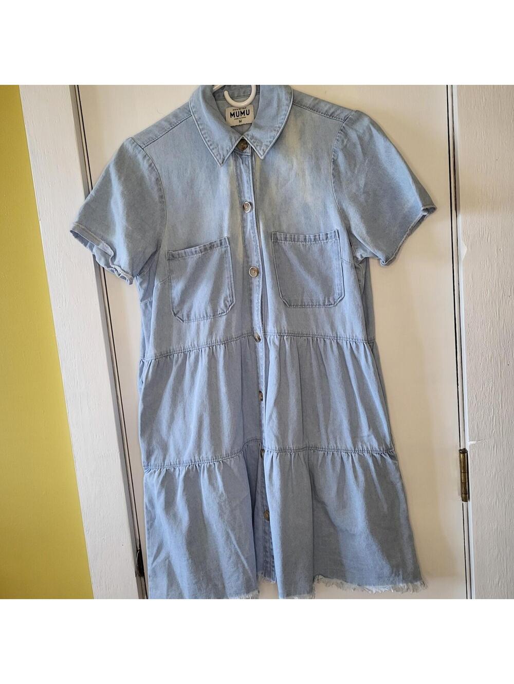 Show Me Your Mumu Birmingham Dress, a tiered, short-sleeve denim mini dress Med
